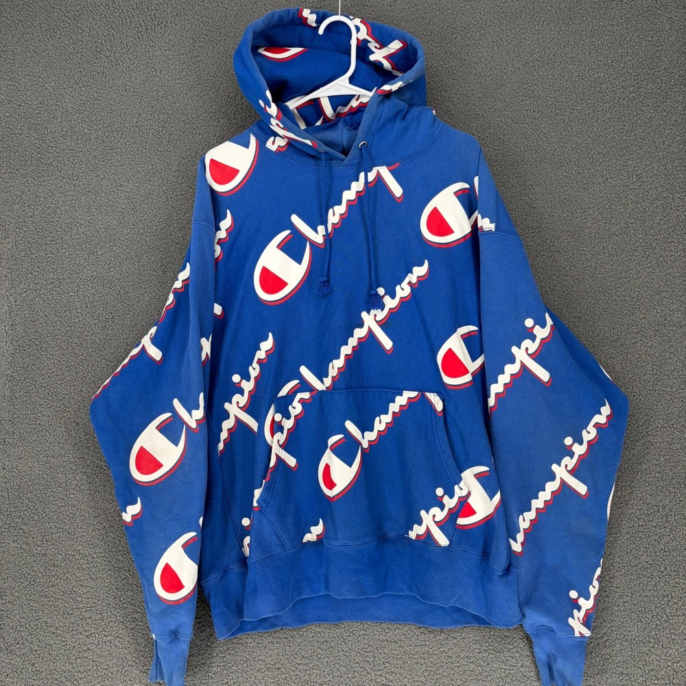 Champion Reverse Weave Hoodie Blue All Over Print Logo Sweatshirt XL S2974
